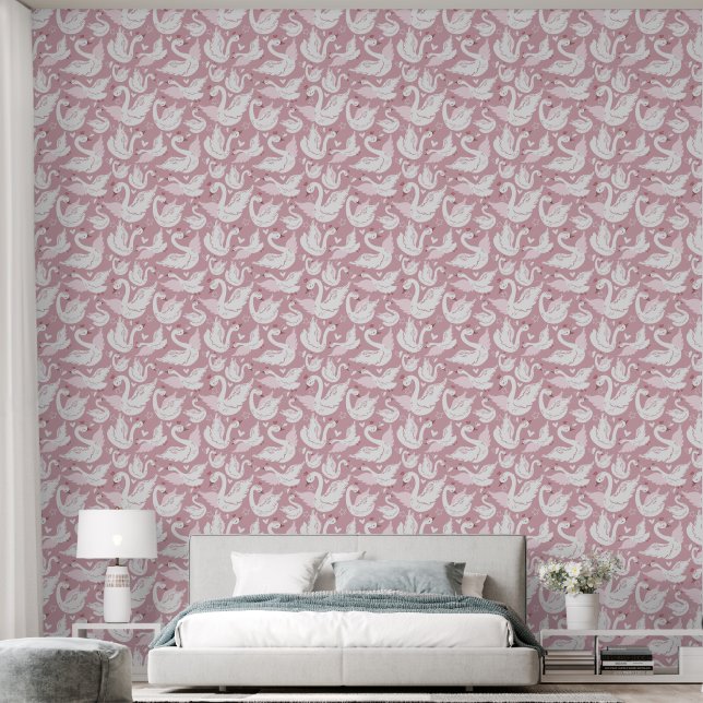 White Swans On Pink Girl Bedroom Wallpaper (Bedroom)