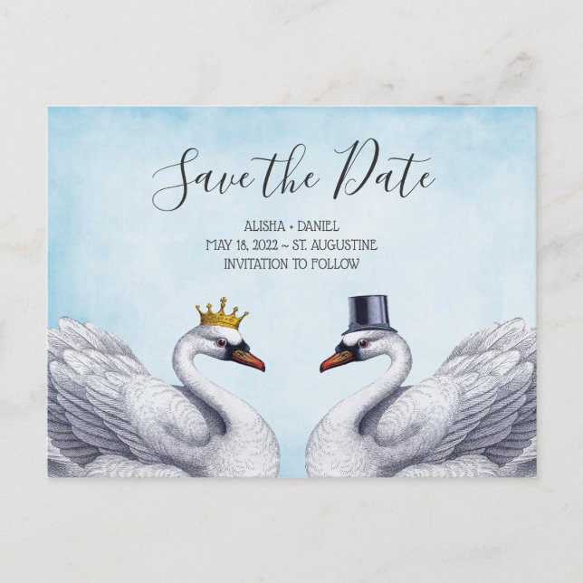 White Swans Save the Date Announcement Postcard (Front)