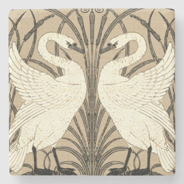 White Swans, Swans and Reeds, Walter Crane Stone Coaster (Front)