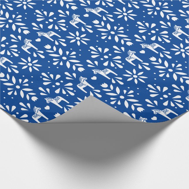 White Swedish Dala Horse Blue Holiday Gift Wrap (Corner)