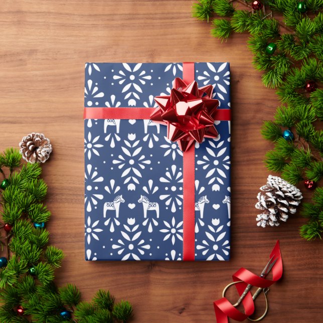 White Swedish Dala Horse on Navy Blue Holiday Wrapping Paper (Holiday Gift)