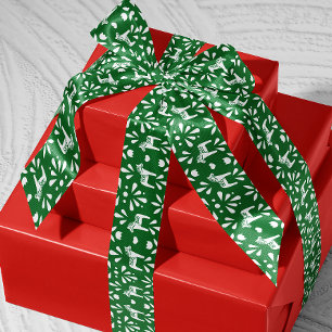 White Swedish Dala Horse Pine Green Holiday Gift Satin Ribbon