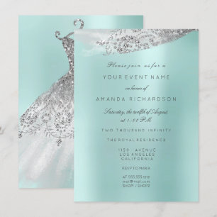 White Sweet 16th Bridal Dress Aqua Blue Invitation
