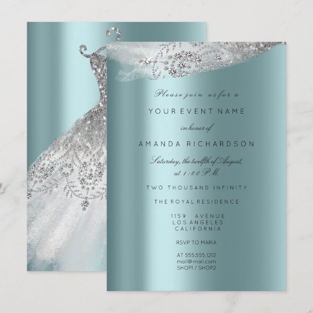 White Sweet 16th Bridal Dress Grey Aqua Diamond Invitation (Front/Back)