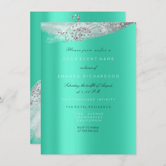 White Sweet 16th Bridal Dress Grey Mint Diamond Invitation (Front/Back)
