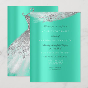 White Sweet 16th Bridal Dress Grey Mint Diamond Invitation