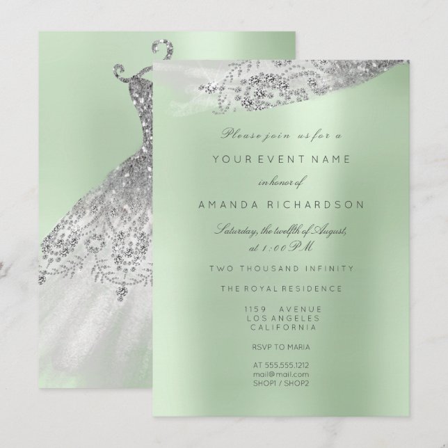 White Sweet 16th Bridal Dress Mint Green Invitation (Front/Back)