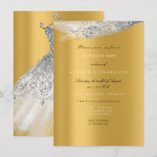 White Sweet 16th Bridal Silver Dress Gold Diamond Invitation