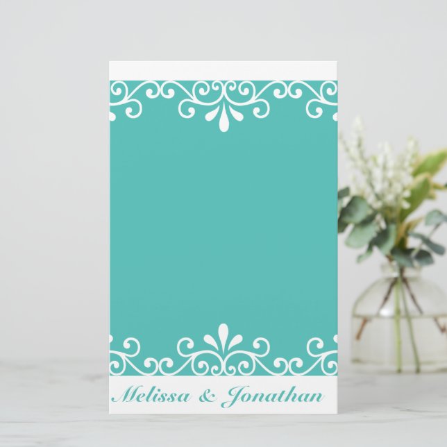 White Swirl Bride Groom Teal Elegant Wedding Stationery (Standing Front)
