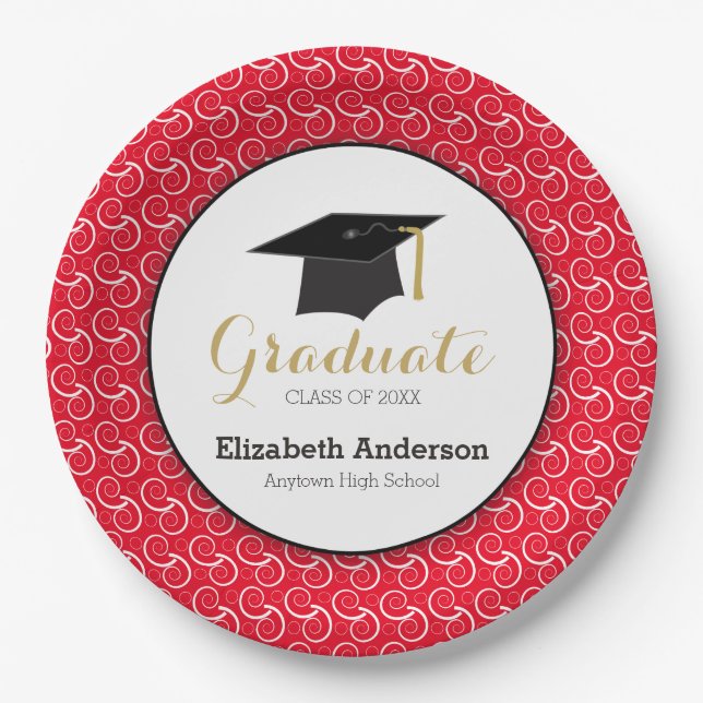 White Swirl on Red, Personalised Graduation Paper Plate (Front)