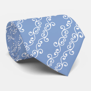 White Swirl Vector Pattern on Sky Blue Tie