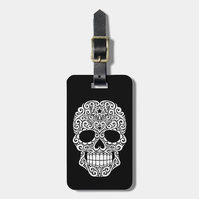 White Swirling Sugar Skull on Black Luggage Tag (Front Vertical)