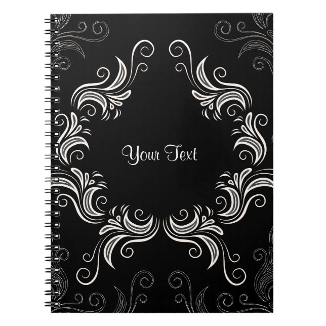 White Swirls Frame On Black Notebook (Front)