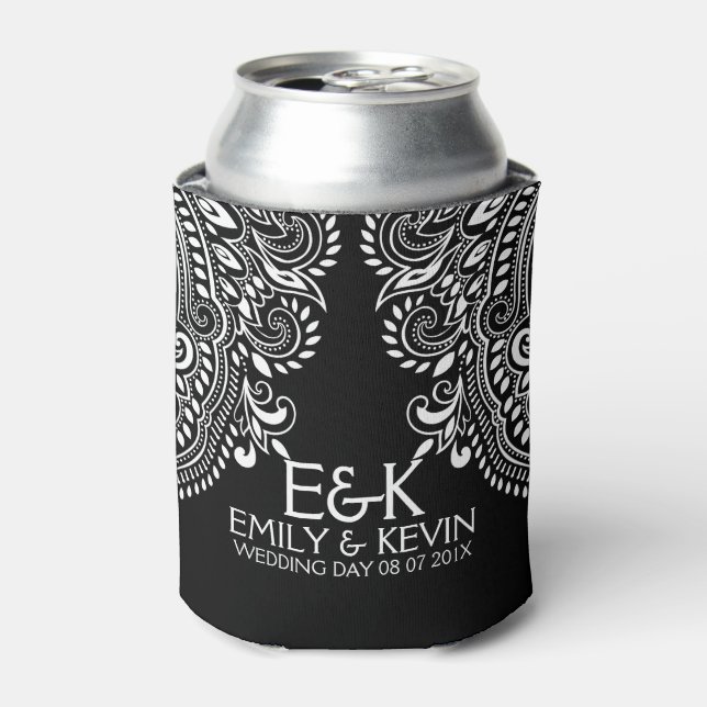 White Swirls Lace Wedding Template Can Cooler (Can Front)