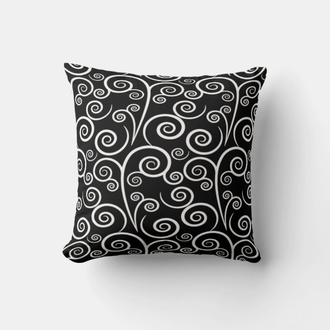 White Swirls on Black Cushion (Front)