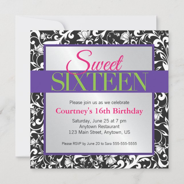 White Swirls on Black Sweet 16 Birthday Invitation (Front)