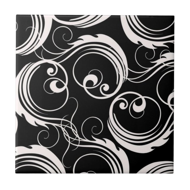 White Swirls on Black Tile (Front)
