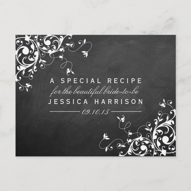 White Swirls On Chalkboard Bridal Shower Recipe Invitation Postcard (Front)