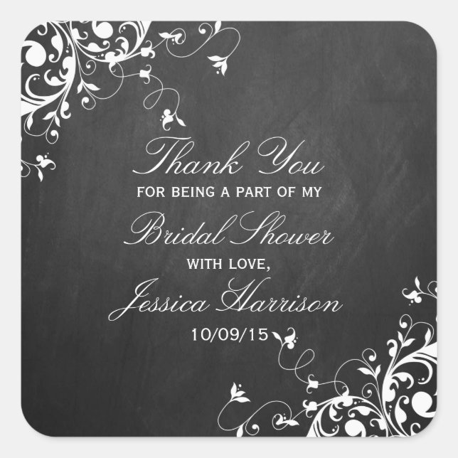 White Swirls On Chalkboard Bridal Shower Thank You Square Sticker (Front)