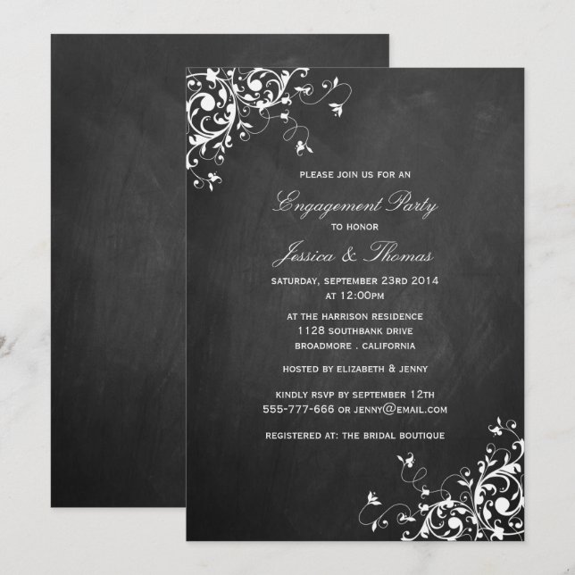 White Swirls On Chalkboard Engagement Party Invitation (Front/Back)