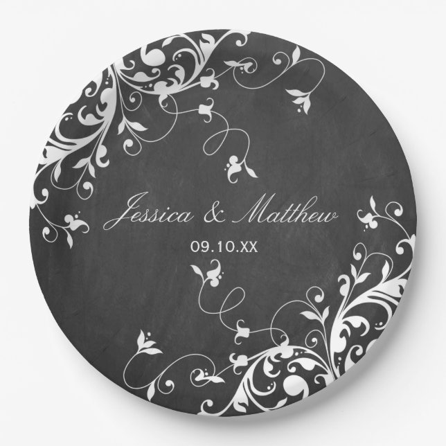 White Swirls On Chalkboard Paper Plate (Front)