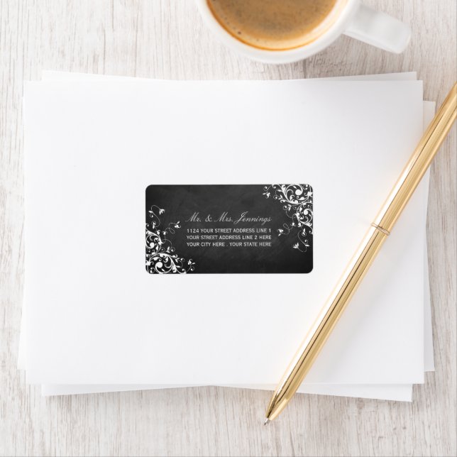 White Swirls On Chalkboard Wedding Labels (Insitu)
