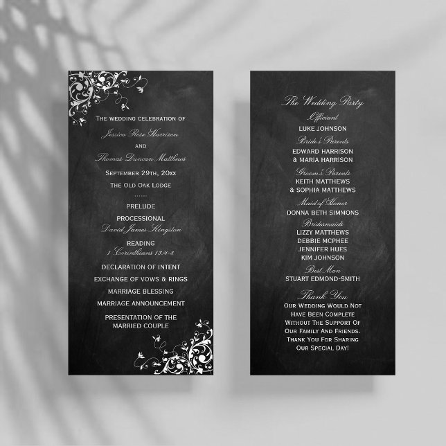 White Swirls On Chalkboard Wedding Program Rack Card (Creator Uploaded)