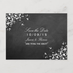White Swirls On Chalkboard Wedding Save The Date Announcement Postcard