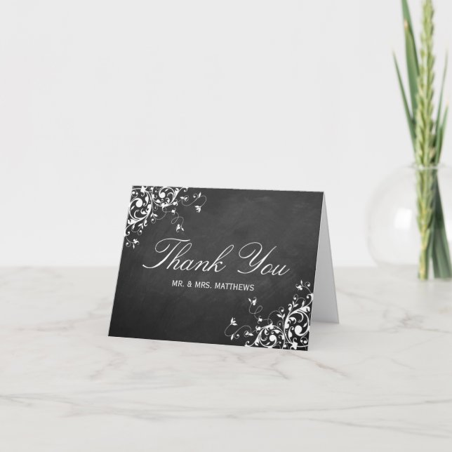White Swirls On Chalkboard Wedding Thank You (Front)