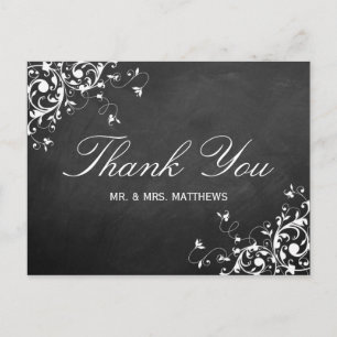 White Swirls On Chalkboard Wedding Thank You Postcard