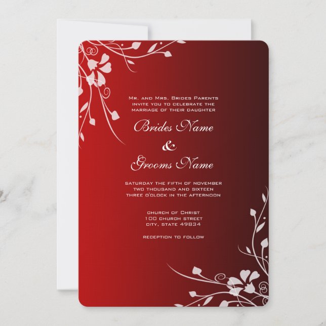 White Swirls on Red Wedding Invitation (Front)