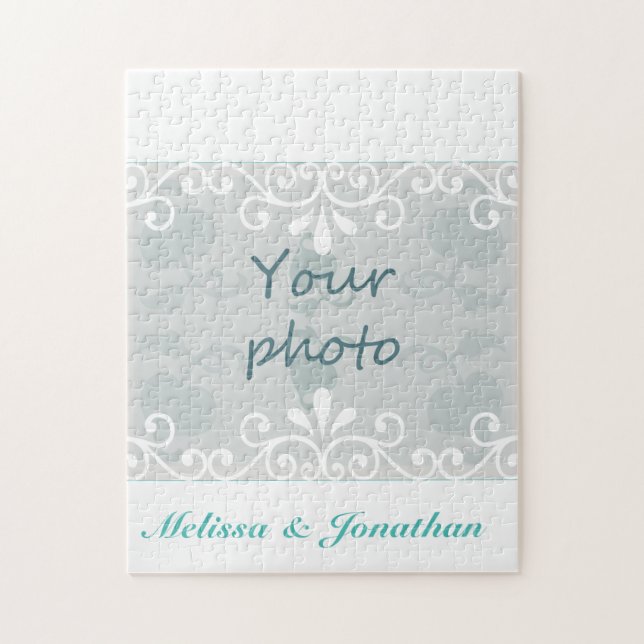 White Swirls, Teal text bride groom Wedding Photo Jigsaw Puzzle (Vertical)
