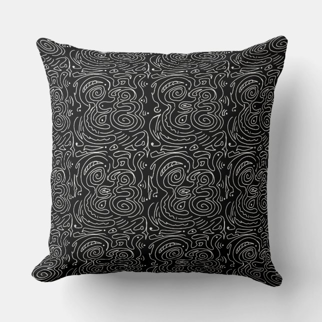 White Swirly Lines on Black Throw Pillow (Front)