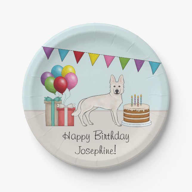 White Swiss Shepherd Cartoon Dog Colourful Birthda Paper Plate (Front)