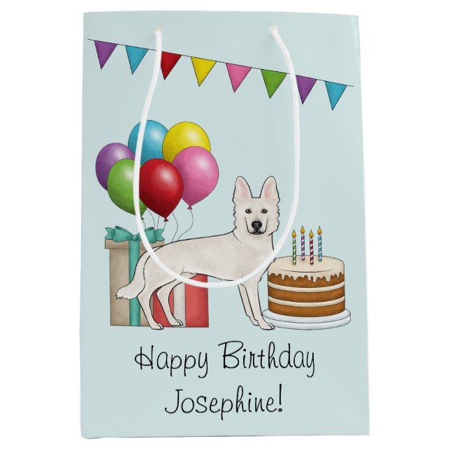 White Swiss Shepherd GSD Colourful Happy Birthday Medium Gift Bag (Front)