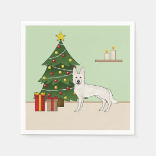 White Swiss Shepherd GSD Dog Green Christmas Tree Napkin