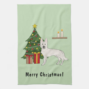 White Swiss Shepherd GSD Green Christmas Tree Tea Towel