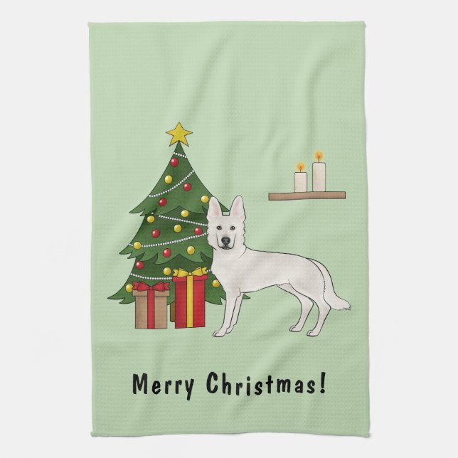 White Swiss Shepherd GSD Green Christmas Tree Tea Towel (Vertical)