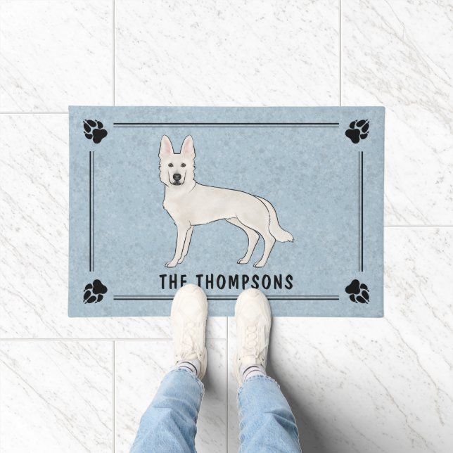 White Swiss Shepherd White GSD Cartoon Dog Blue Doormat (Indoor)