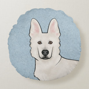 White Swiss Shepherd White GSD Cute Dog Head Blue Round Cushion