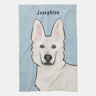 White Swiss Shepherd White GSD Cute Dog Head Blue Tea Towel