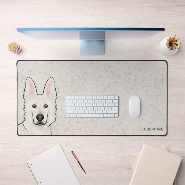 White Swiss Shepherd White GSD Cute Dog With Name Desk Mat (Office 1)