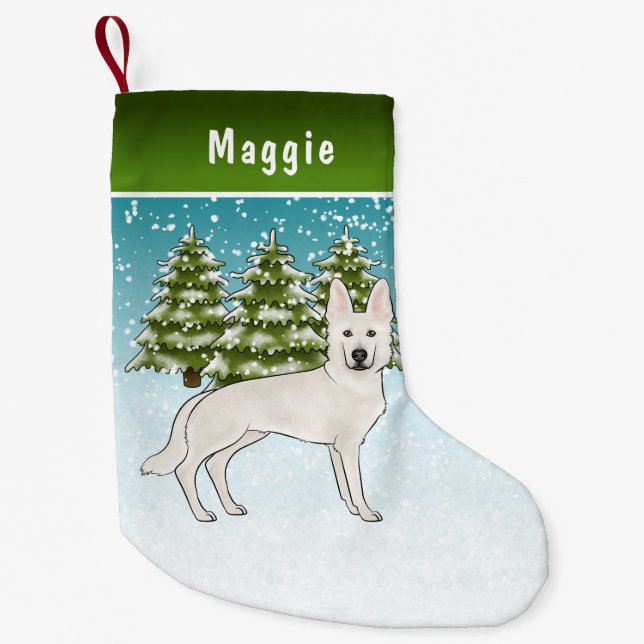 White Swiss Shepherd White GSD Dog Winter Forest Small Christmas Stocking (Front)