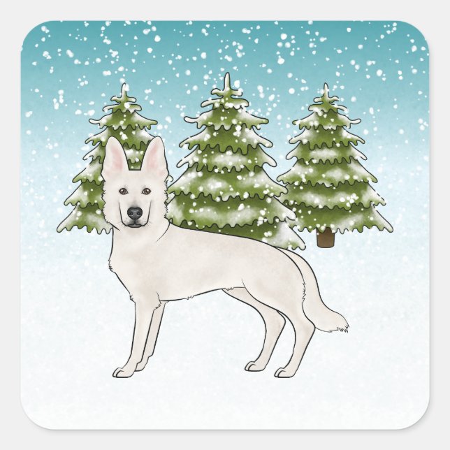 White Swiss Shepherd White GSD Dog Winter Forest Square Sticker (Front)