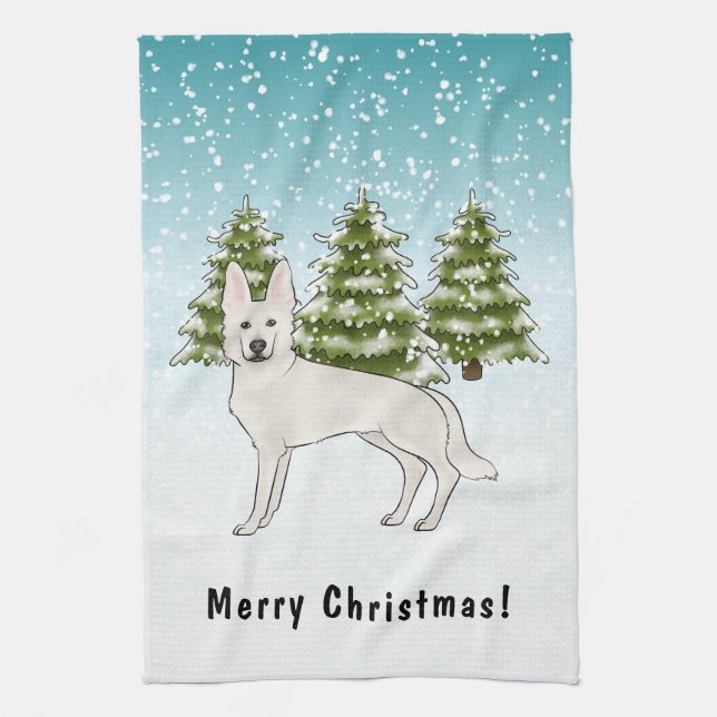 White Swiss Shepherd White GSD Dog Winter Forest Tea Towel (Vertical)