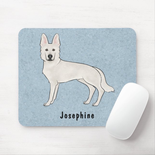 White Swiss Shepherd White GSD Dog With Name Blue Mouse Mat (With Mouse)