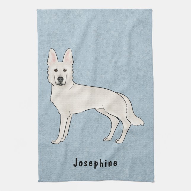 White Swiss Shepherd White GSD Dog With Name Blue Tea Towel (Vertical)