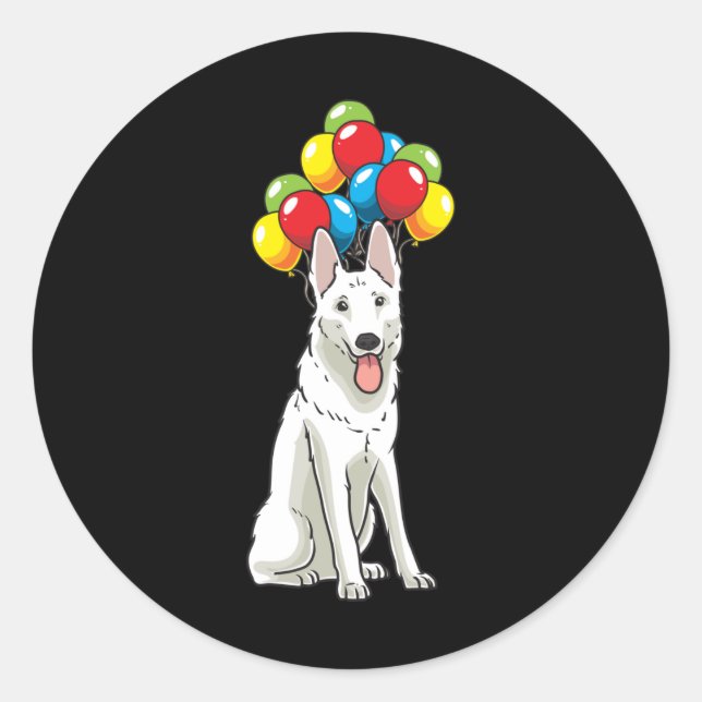 White Swiss Shepherd with Ballons Gift Classic Round Sticker (Front)