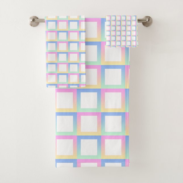 White Symmetric Chequered Gradient Pattern Frames Bath Towel Set (Insitu)