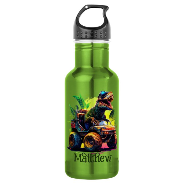 White T-Rex Riding Monster Truck Dinosaur Name 532 Ml Water Bottle (Front)